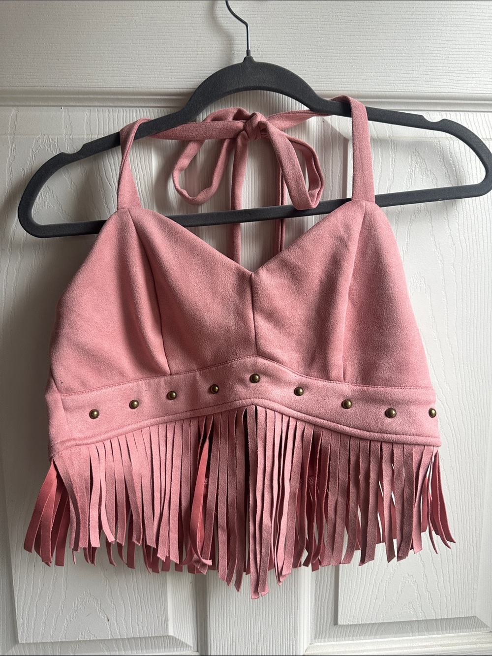 SHEIN Dusty Rose Fringe Halter Crop Top
